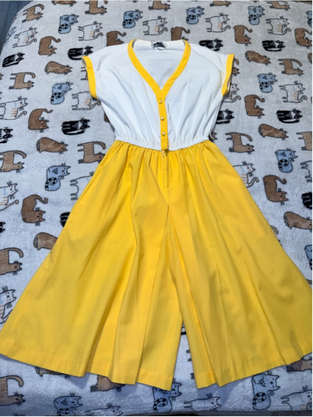 1970s Vintage Act 1 Yellow and White block culotte Jumpsuit talon zipper